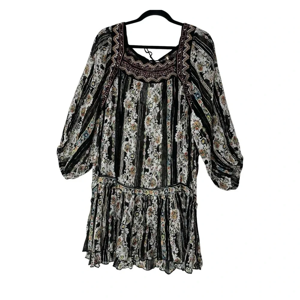 Free People Dance Magic Dress Womens Large Metallic Floral Oversized Embroidered